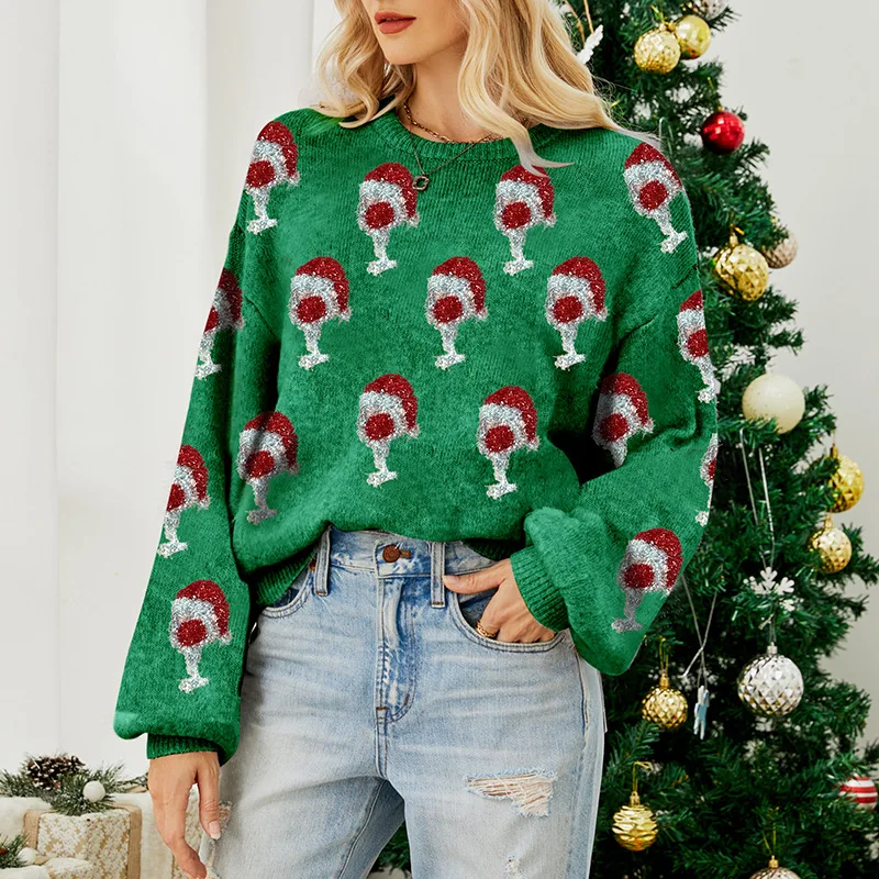 Amazon Explosions Jacquard Pink Sweater Women's 2026 Autumn and Winter New Cute Puff Sleeve Pullover Christmas Sweater