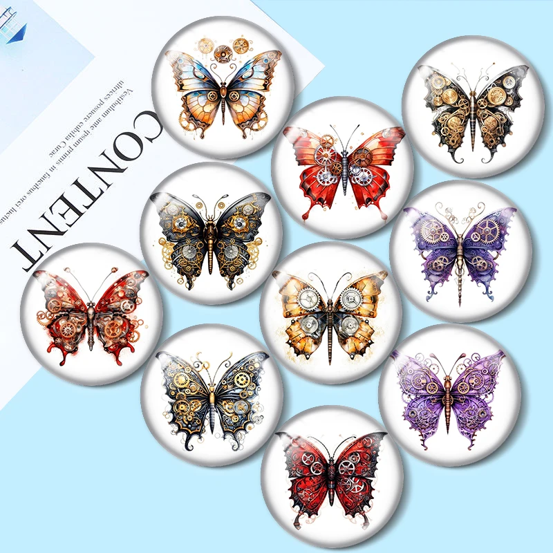 

Watercolor Steam Punk Mechanical Butterfly 10pcs 12mm/18mm/20mm/25mm Round photo glass cabochon demo flat back Making findings