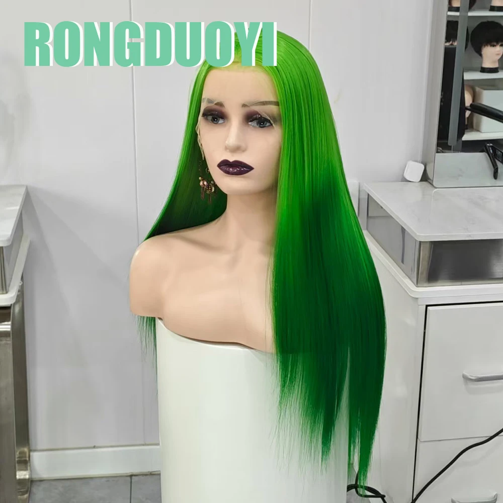 RONGDUOYI Ombre Green Straight Synthetic Hair Silk Straight Gradient Green Heat Friendly Lace Front Wig Cosplay Use Green Wigs