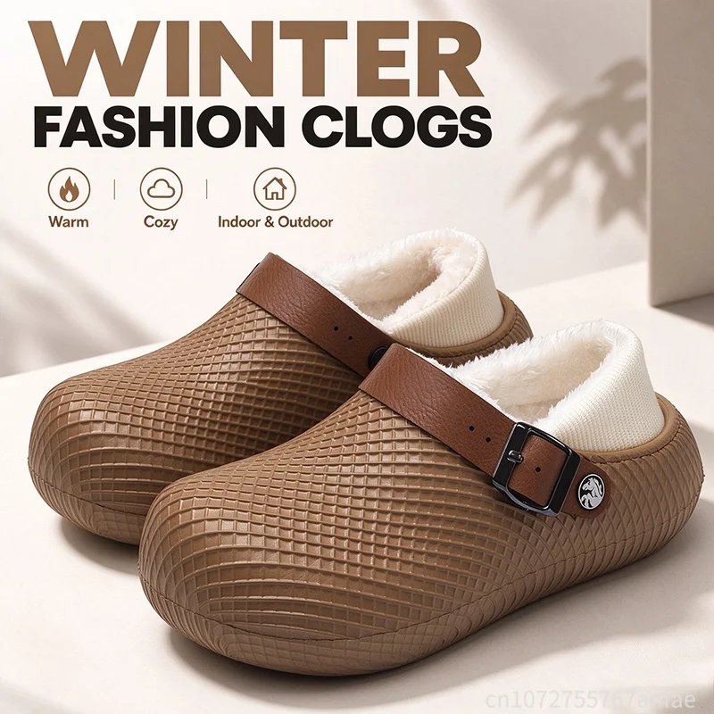 Winter Fleece Lined House Shoes EVA Clogs For Women And Men Thick Sole Water Resistant Indoor Outdoor Slip On Slippers Footwear