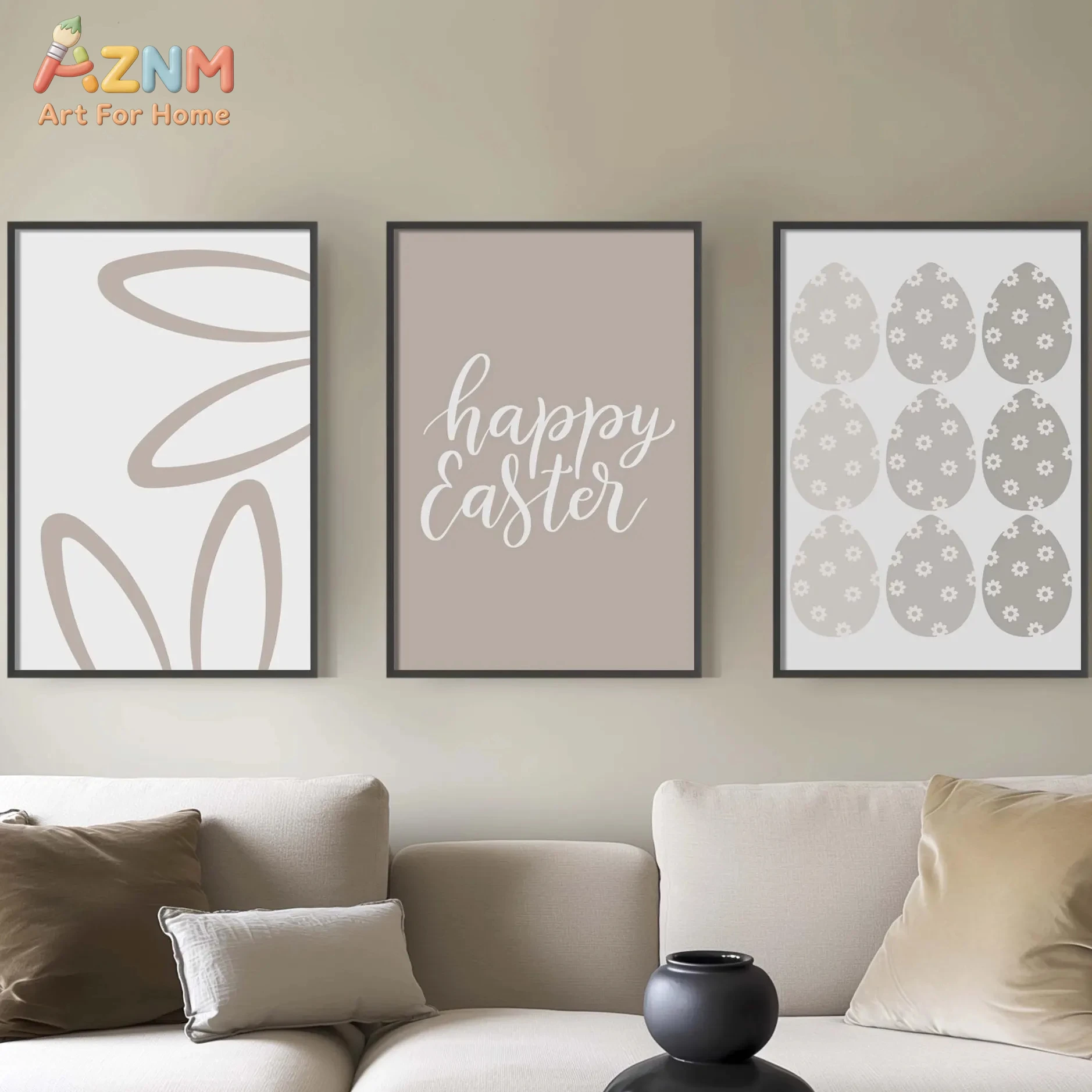 3pcs AZNM Happy Easter Minimalist Bunny Ear Egg Canvas Wall Art, Neutral Beige Boho Holiday Quote Typography Poster, Simple Aest