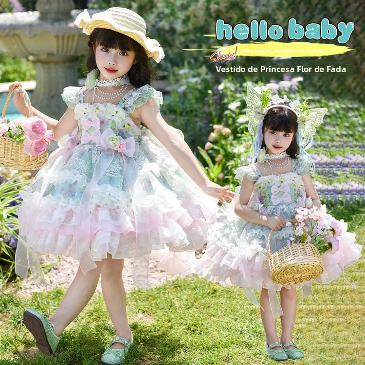 Vestido Elegante Estilo Princesa para Meninas Pequenas, Design Sem Mangas com Alças, Comprimento até o Joelho para Crianças