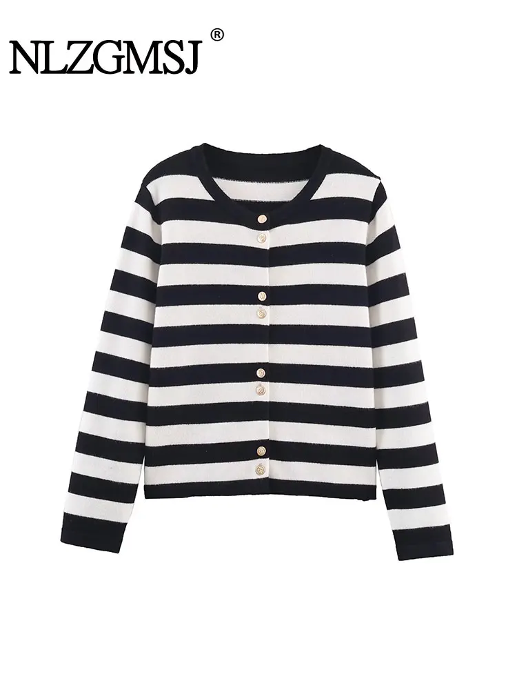 

NLZGMSJ женский осенний новый вязаный повседневный стиль в полоску с длинным рукавом и круглым вырезом, вязаный кардиган, пальто