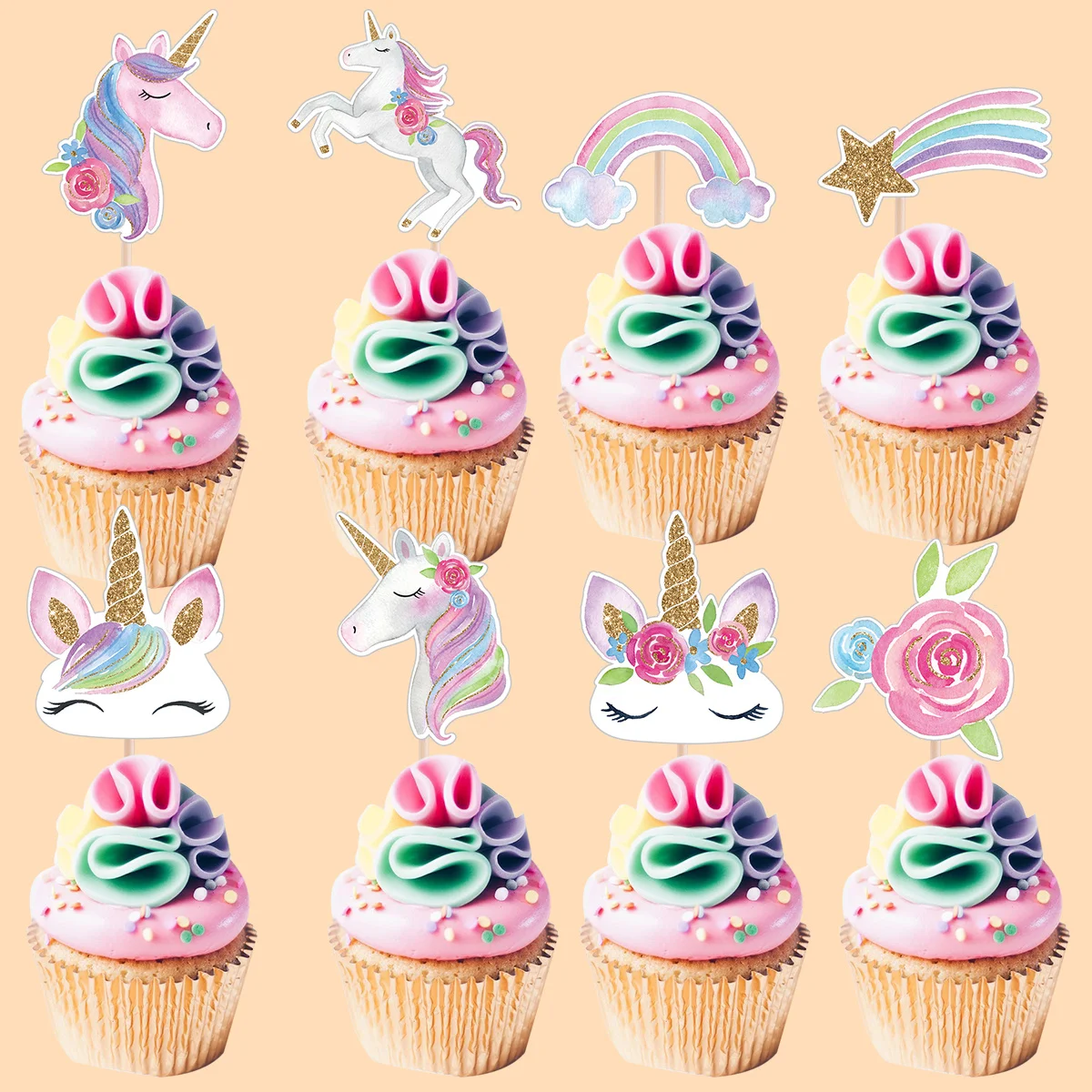 24 szt. Karton jednorożec Cupcake Topper kolorowe tęczowe papierowe wykaszarki dla dzieci jednorożec urodziny DIY materiały do ​​dekoracji ciast — zdjęcie 7