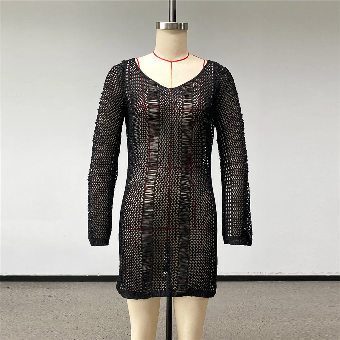 2026 Langarm-Schulterfreies Häkel-Strick-Tunika Strand-Überwurf Strandkleid Strandmode Damen V8330 – Detail 17