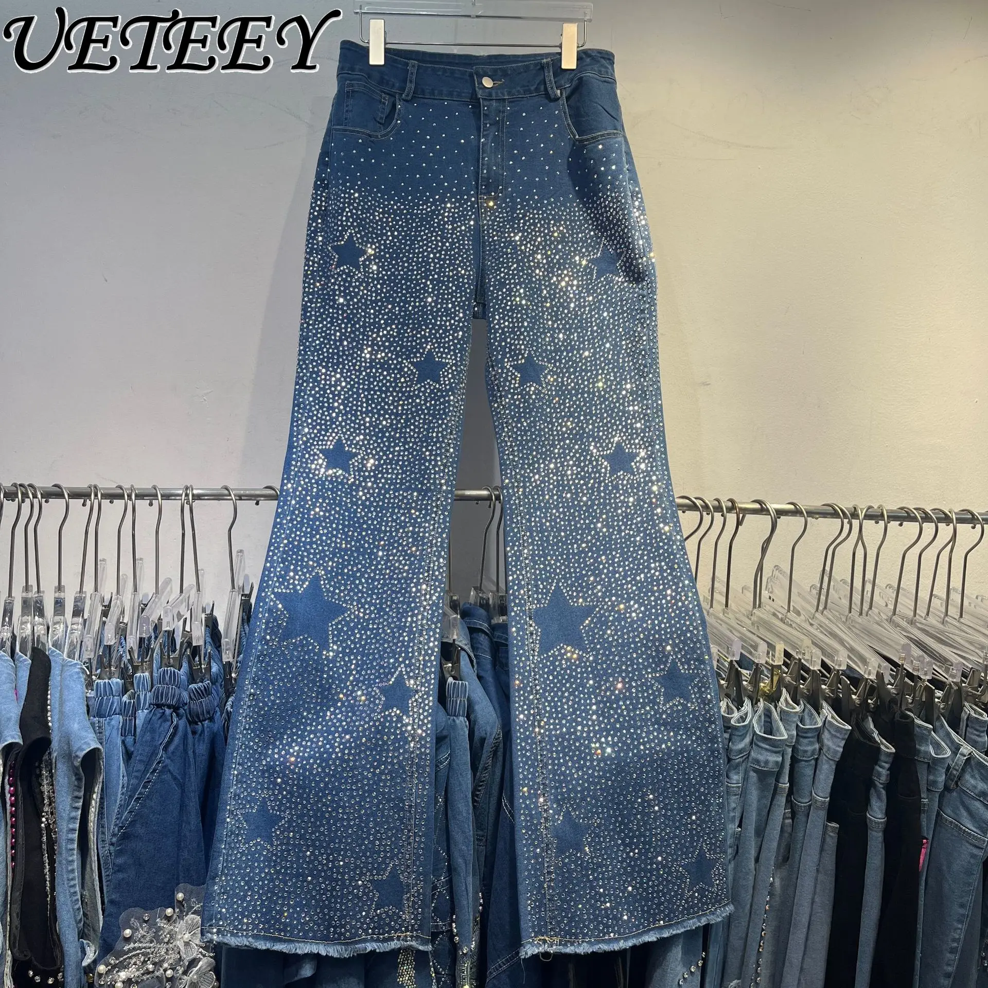 

2025 Spring and Summer New Fashion Sparkling Diamond Jeans Women Loose Casual Pants Heavy Industry Versatile Denim Pants Female