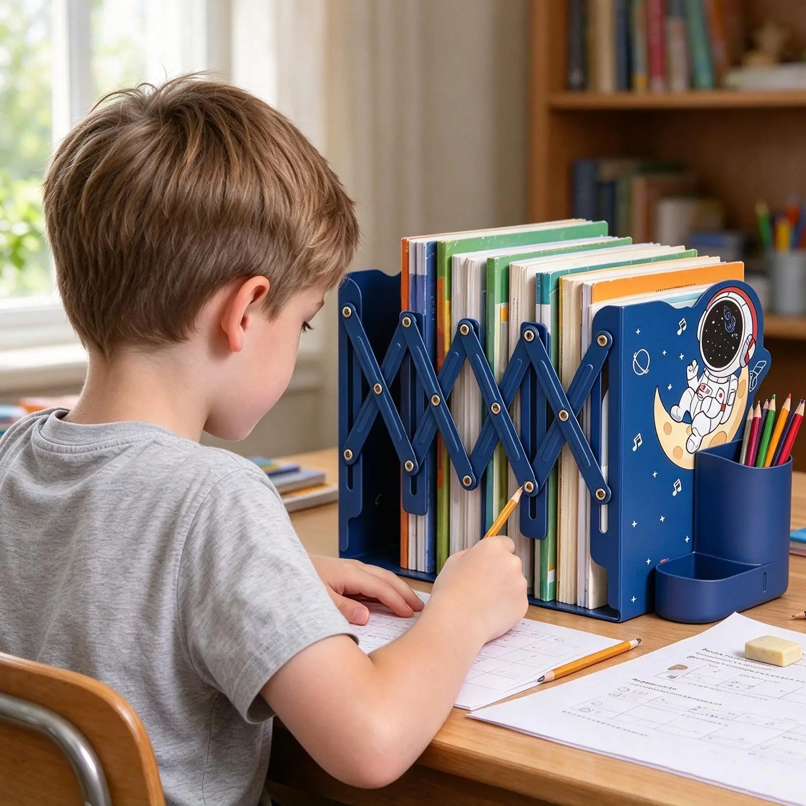 Adjustable Bookends Heavy Duty Expandable Sturdy Decorative Storage Book Ends For Desk With Pen Holder For Desktop Kitchen Table