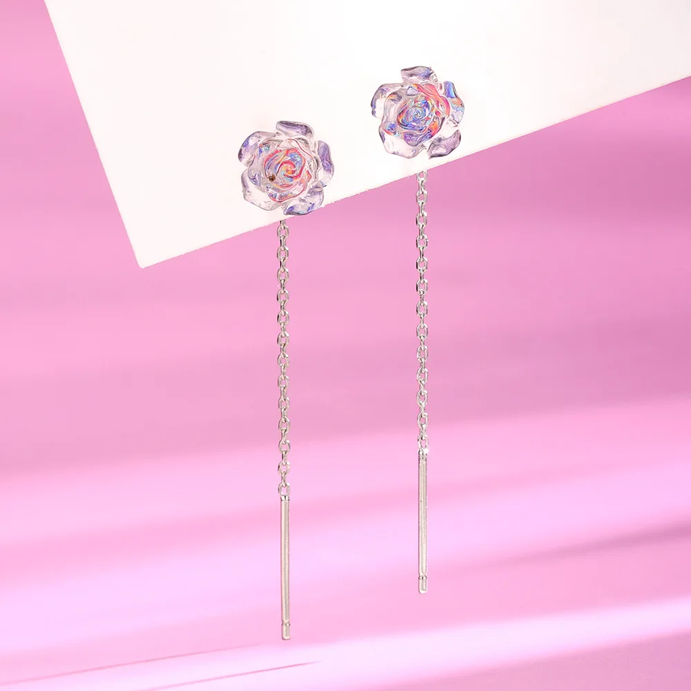 Transparent purple rose long tassel flower Earline Customized Drop Earrings for Women Fashion Jewelry Minimalist Accessories