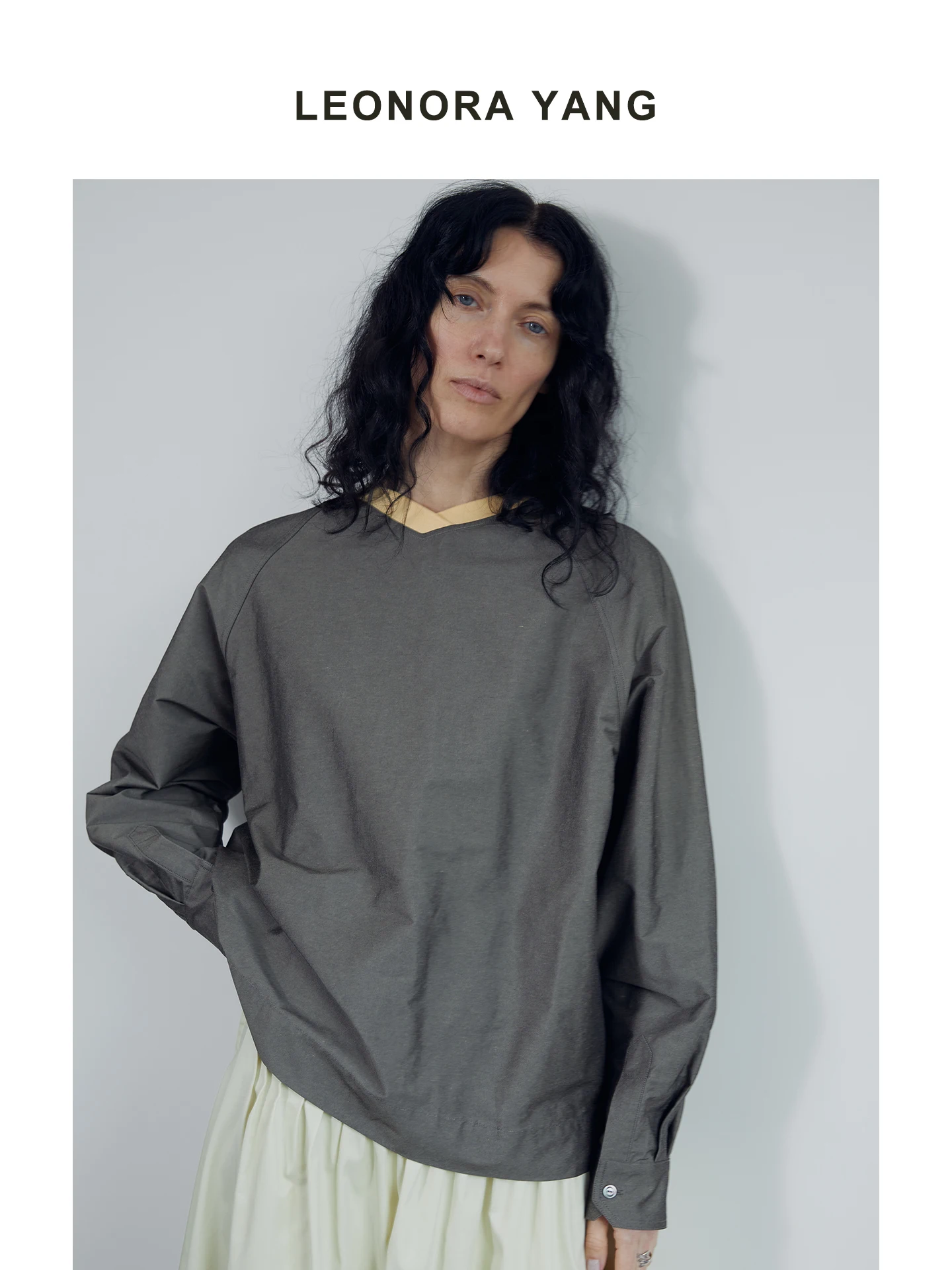 

Leonora Yang Loose Fit Long Sve irt Linen Blend Collar Color Blo Women's Faion Retro Sle Chinese Production