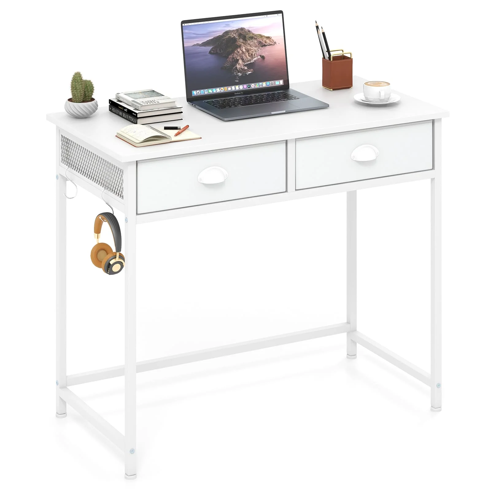 GOFLAME Computer Desk Space Saving Home Office Desk w/2 Fabric Drawers-White