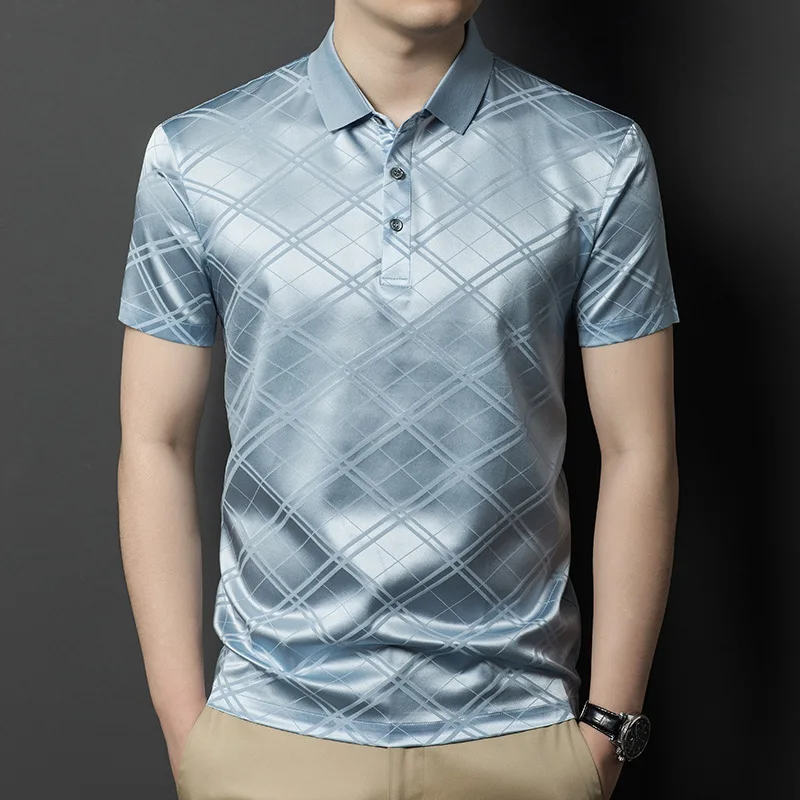 

High Quality Real Silk Men's Summer Light Luxury Short Sleeve Check Thin T-shirt Trendy Top Casual