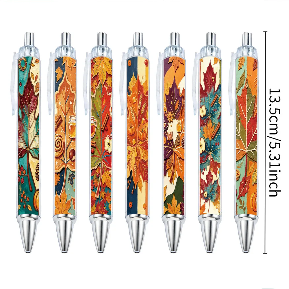 7pcs Retro Oil Painting Maple Leaf Pumpkin Theme Press Ballpoint Pen Pattern Randomly