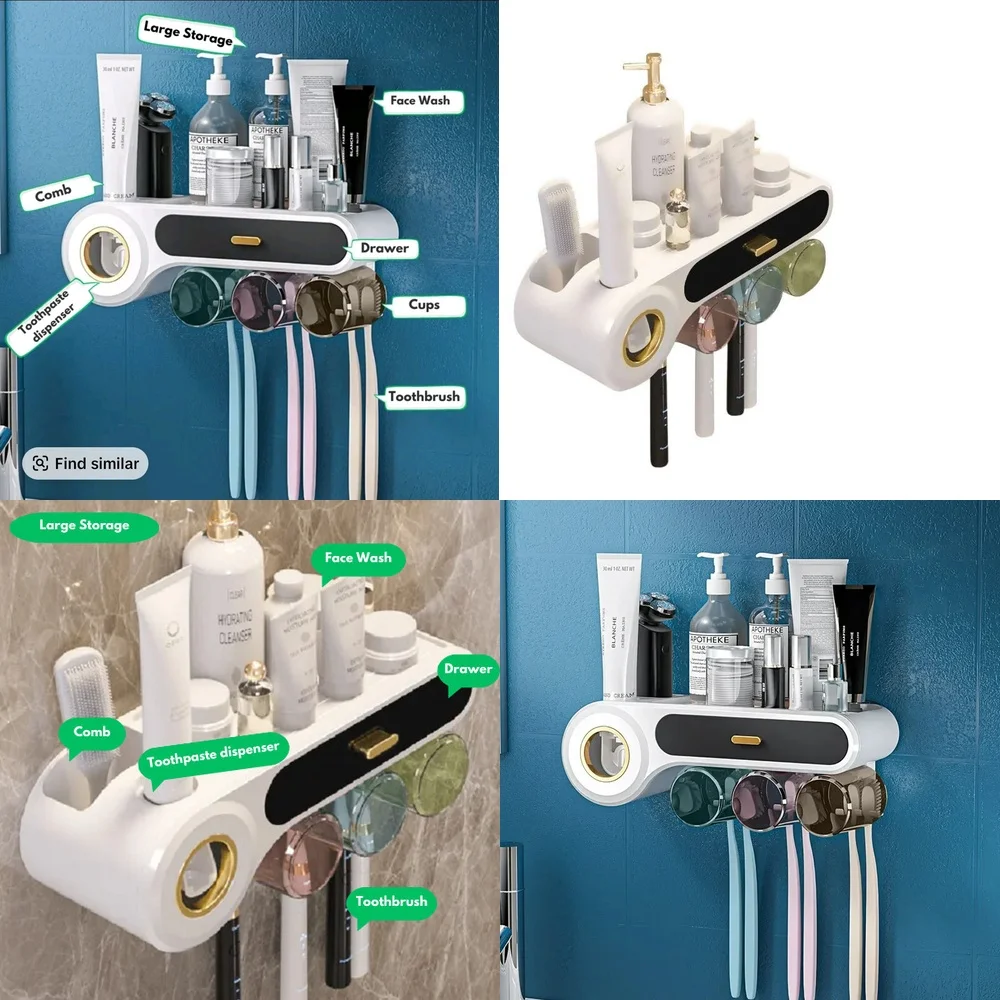 

Настенный держатель для зубных щеток с дозатором зубной пасты 5 в 1, органайзер для ванной комнаты на 3 чашки, стеллаж для хранения, крючок для экономии мыла