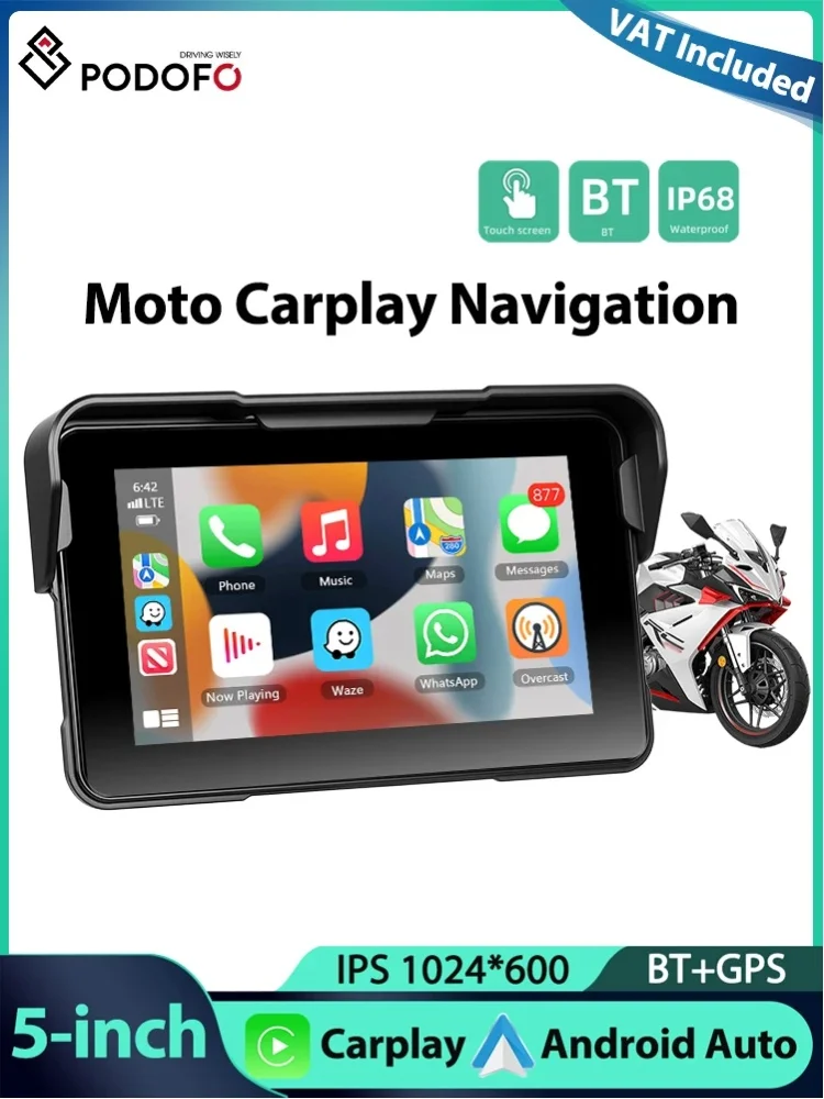 Podofo 5'' Motorrad Carplay Android Auto Reifendruckerkennung IP68 Wasserdicht Helligkeitseinstellung Tragbarer Smart Player