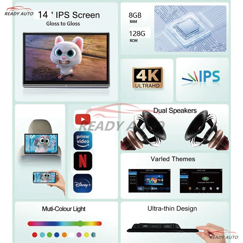 13.3/14-inch External Android Headrest Car Monitor with SIM 8-core Processor LCD Screen 1920x1080 Resolution Car Display