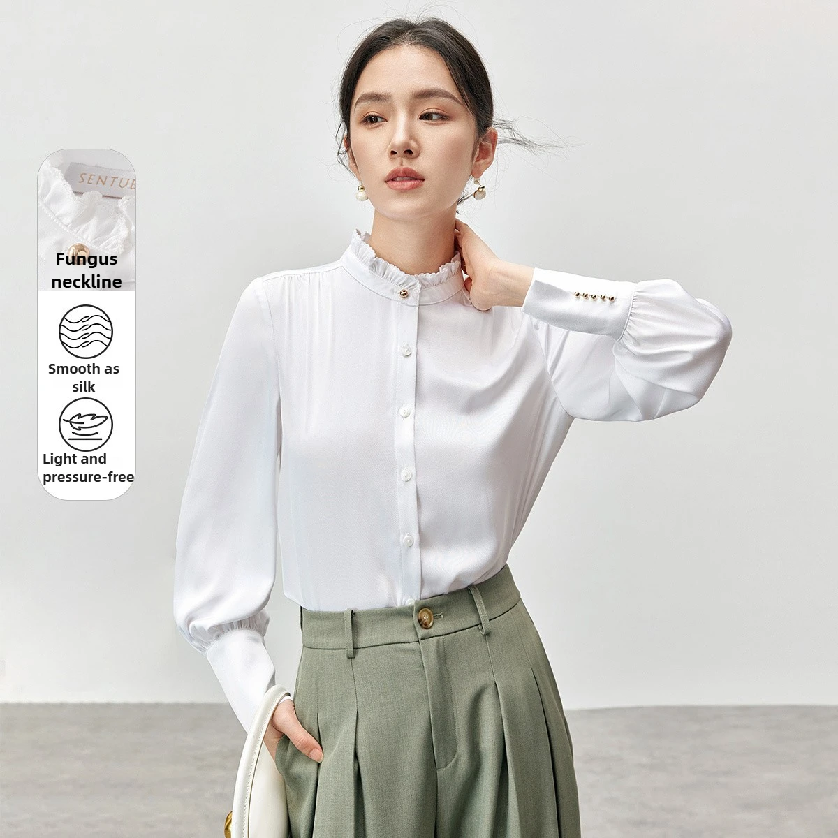 

SENTUBILA Elegant Women's Shirt for 2025 Summer Lotus Collar Button White Commuter Women's Shirt Female Clothing 143C55715