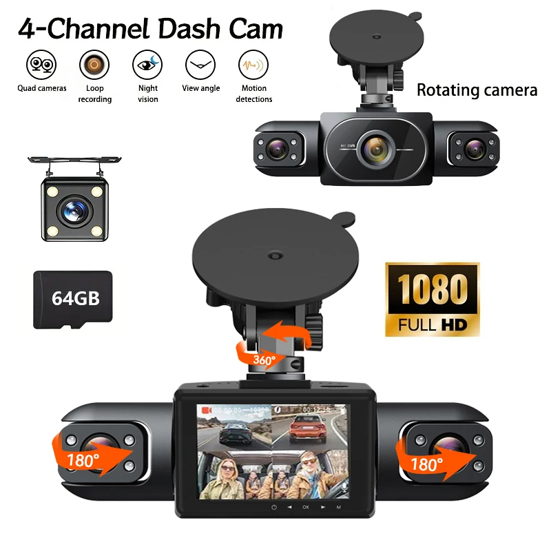 

Автомобильный видеорегистратор 1080P с двумя камерами (передняя левая и правая), 2-дюймовым дисплеем, G-сенсором, ночным видением, функцией помощи при парковке и картой памяти 64 ГБ