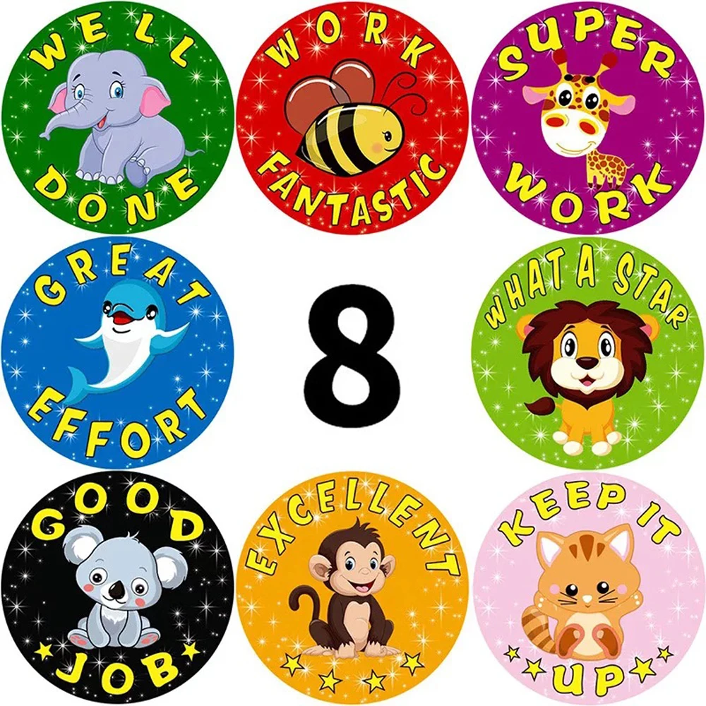 500pcs/roll Cartoon Aniamls Sticker Teacher Reward Stickers School Student Motivational Words For Adhesive Labels Deco Sticker