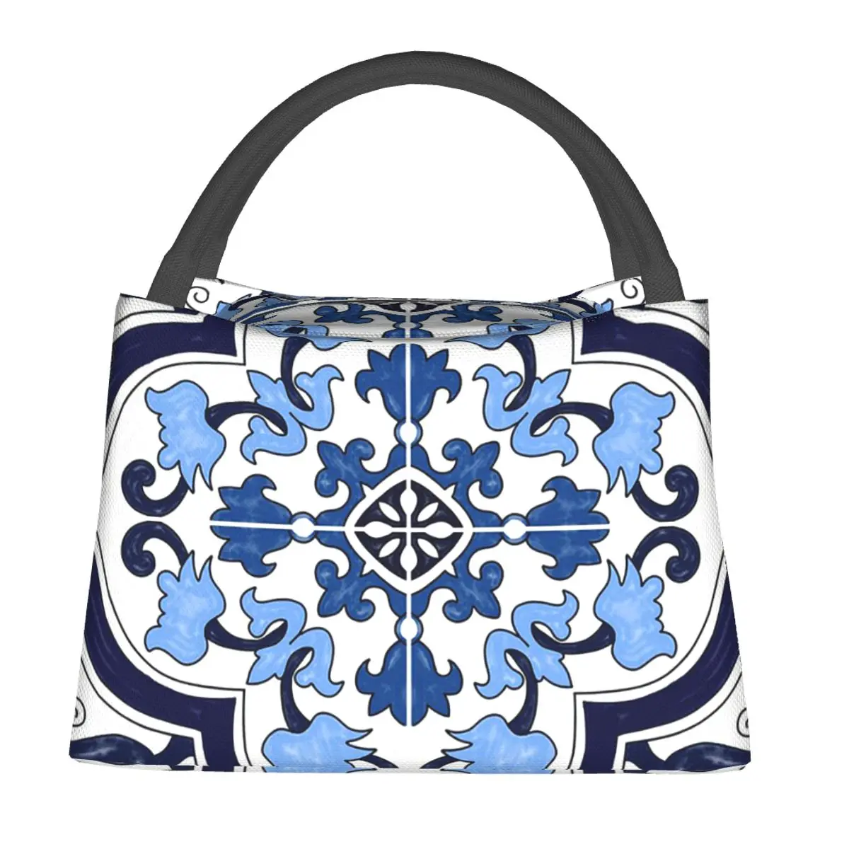 Blue Ornate Floral Mediterranean Sicilian Tile Lunch Bags Insulated Bento Box Portable Lunch Tote Picnic Bags for Woman Children