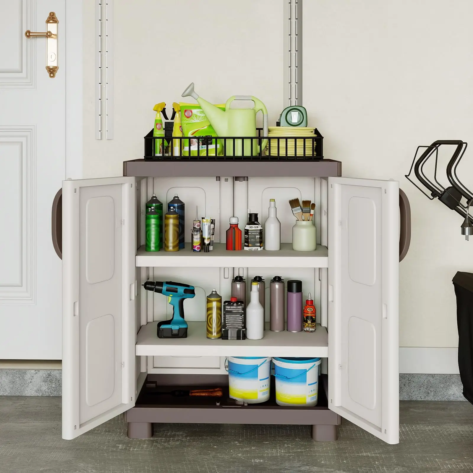 Storage Cabinet with 2 Doors and Adjustable Shelves, Modern Plastic Base Garage Organizer, Floor Sideboard for Kitchen