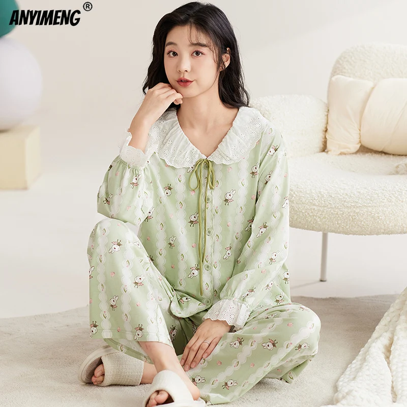 Women Pajama Autumn Winter New Princess Style Pijamas Lapel Soft Cotton Nightwear Long Sleeves Sleepwear Woman Sleepwear