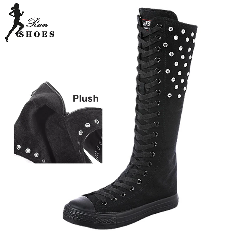 2023 Autumn Long Boot Bling Diamond Zip Canvas Women\'s Casual Sneaker Shoes High Top Round Toe Lace-up Cheerleaders Dance Shoes