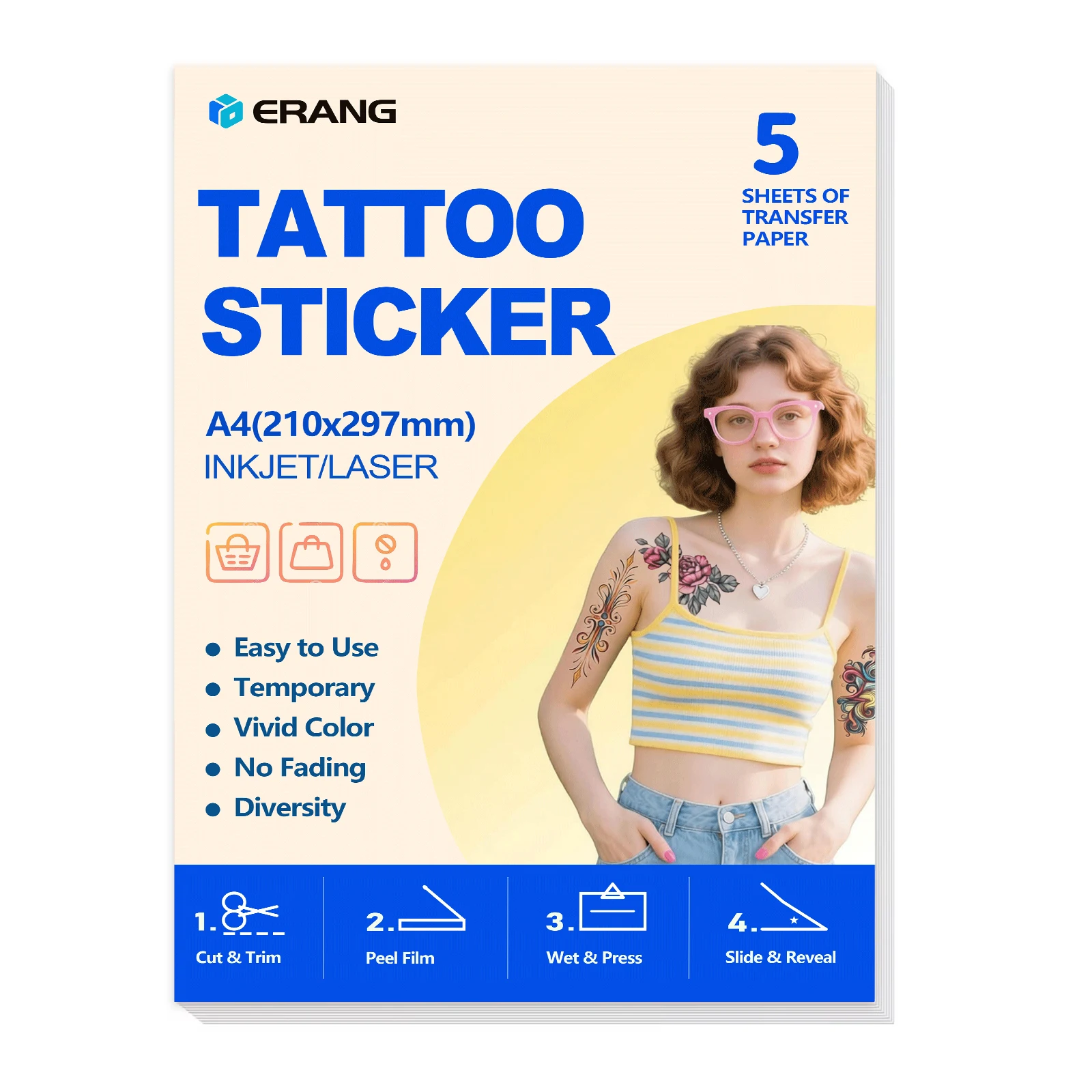 

A4 5 Sheets Printable Body Art Transfer Paper for Inkjet Printer, Temporary Sticker Paper for Skin, DIY Body Art Stickers