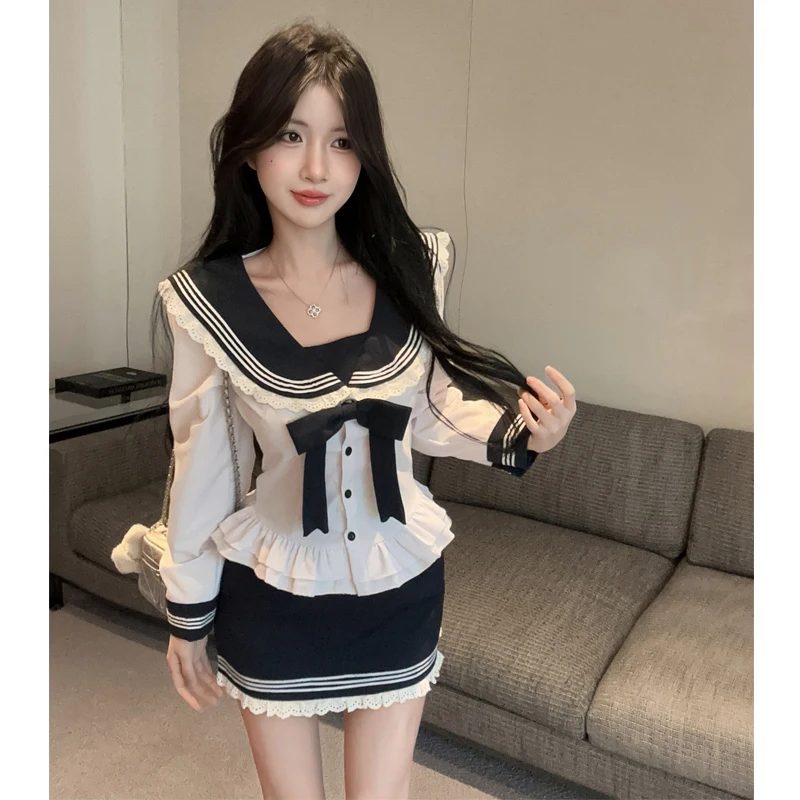 

Korean Sle College Girl Jk orm Set Sweet And Spicy Navy Collar Waist Cinching irt Top ort Skirt Two Piece Set Autum...