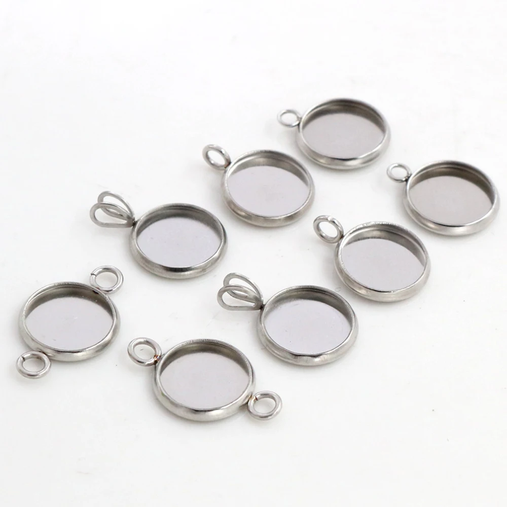 (No Fade) 8/10mm 20pcs Stainless Steel 4 Style Cameo Settings Cabochon Base Charms Pendant High Quality