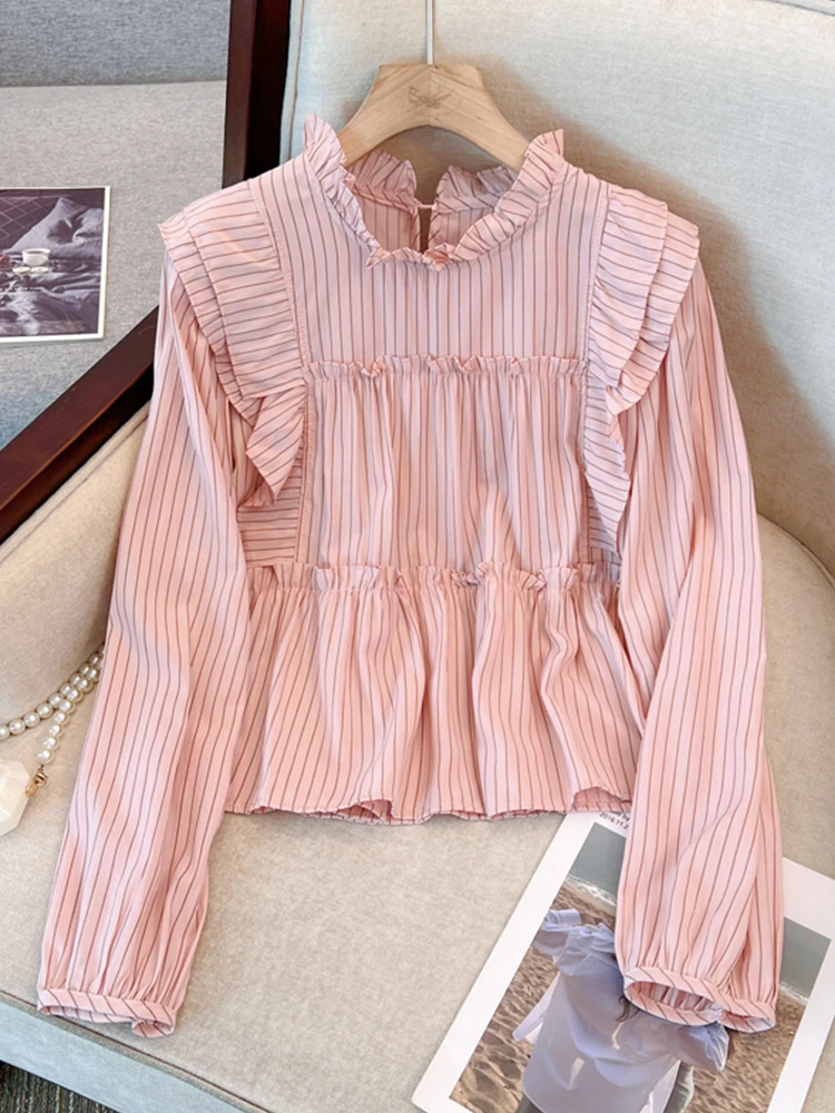 Autumn Women Cute Core Korean French Vintage Striped Long Sleeve Mori Girl Shirts Blouses 2000s Aesthetic Stylish Design Kawaii