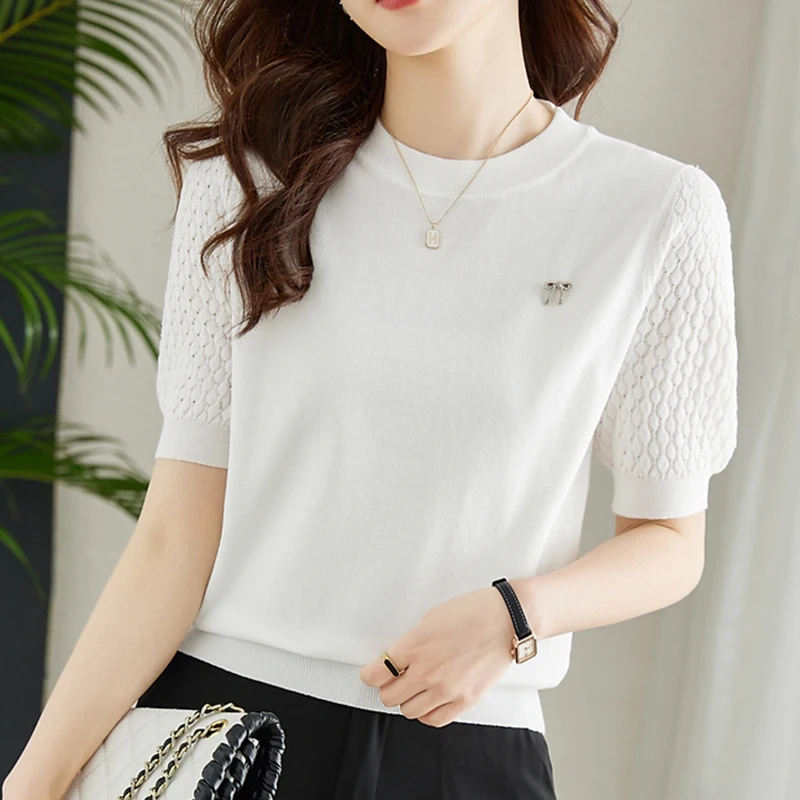 White Loose Thin Knitted Women T Shirt 2024 New Summer Casual Tees Short Sleeve Tshirt Female O Neck Elastic Top Fashion Clothes