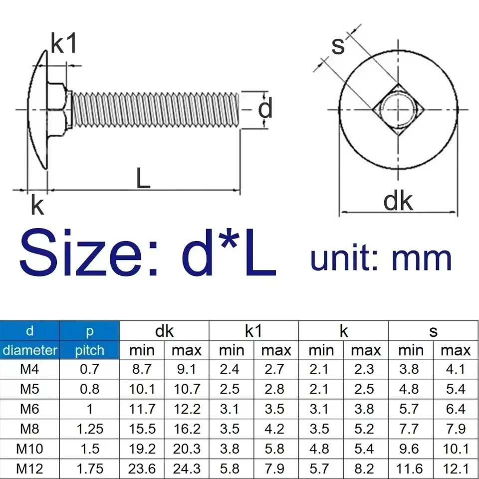 304 Stainless Steel M3 ~ M12 Round Head Square Neck Carriage Screw Carriage Bolt Length 10~100mm