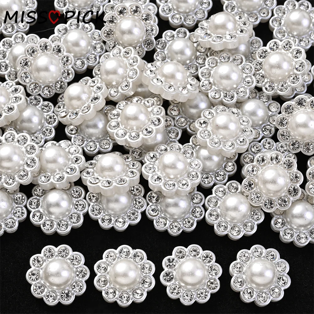 50Pcs Resin Flower Round Pearl Flatback Crystals Nails Rhinestone Appliques Wedding Diy Scrapbook Ornaments Hair Decors Supply