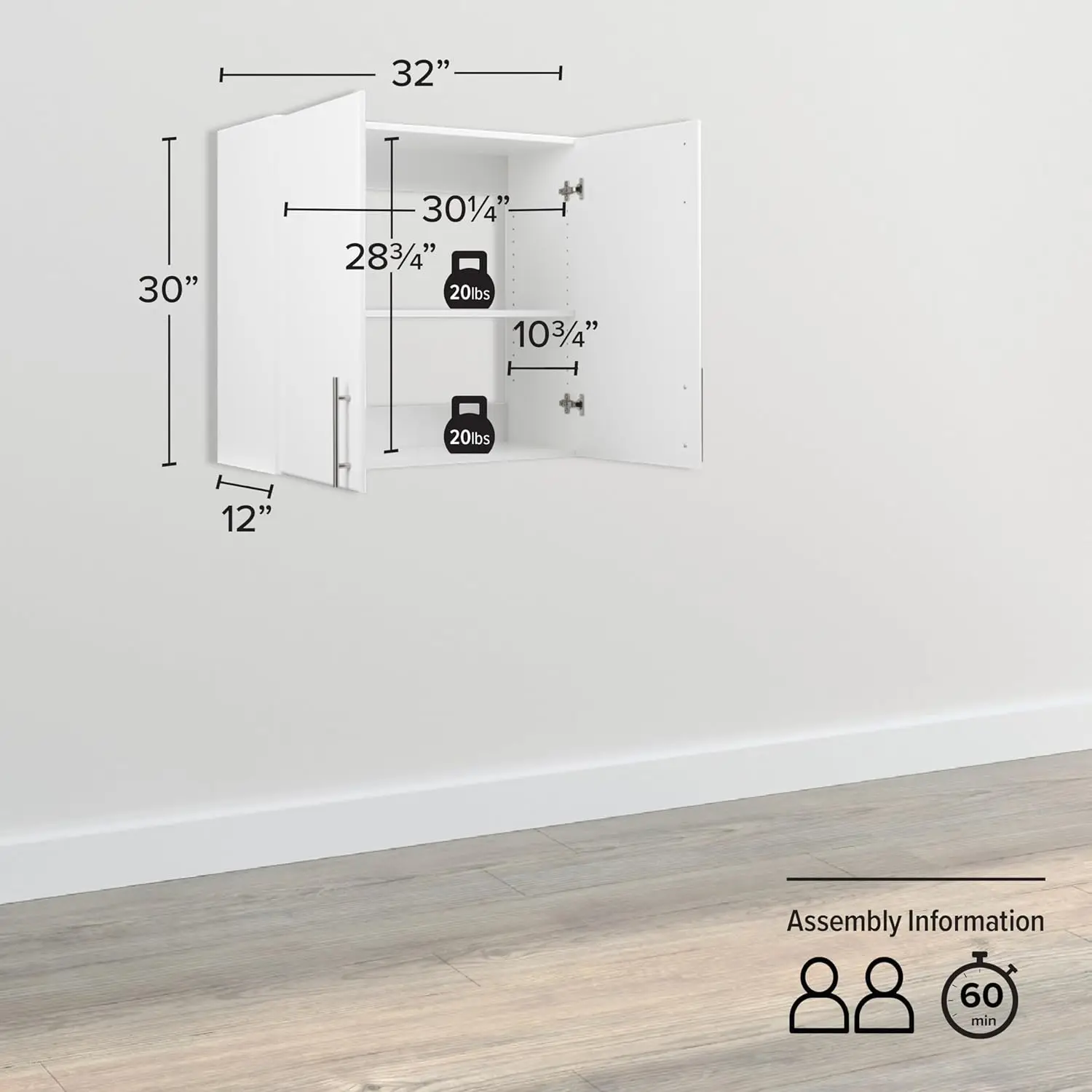 Elite Gabinete de pared de 32", gabinete de almacenamiento blanco, gabinete de baño, gabinete de despensa con 1 estante ajustable de 12 pulgadas de profundidad x 32 pulgadas de ancho x 30 pulgadas de alto, -