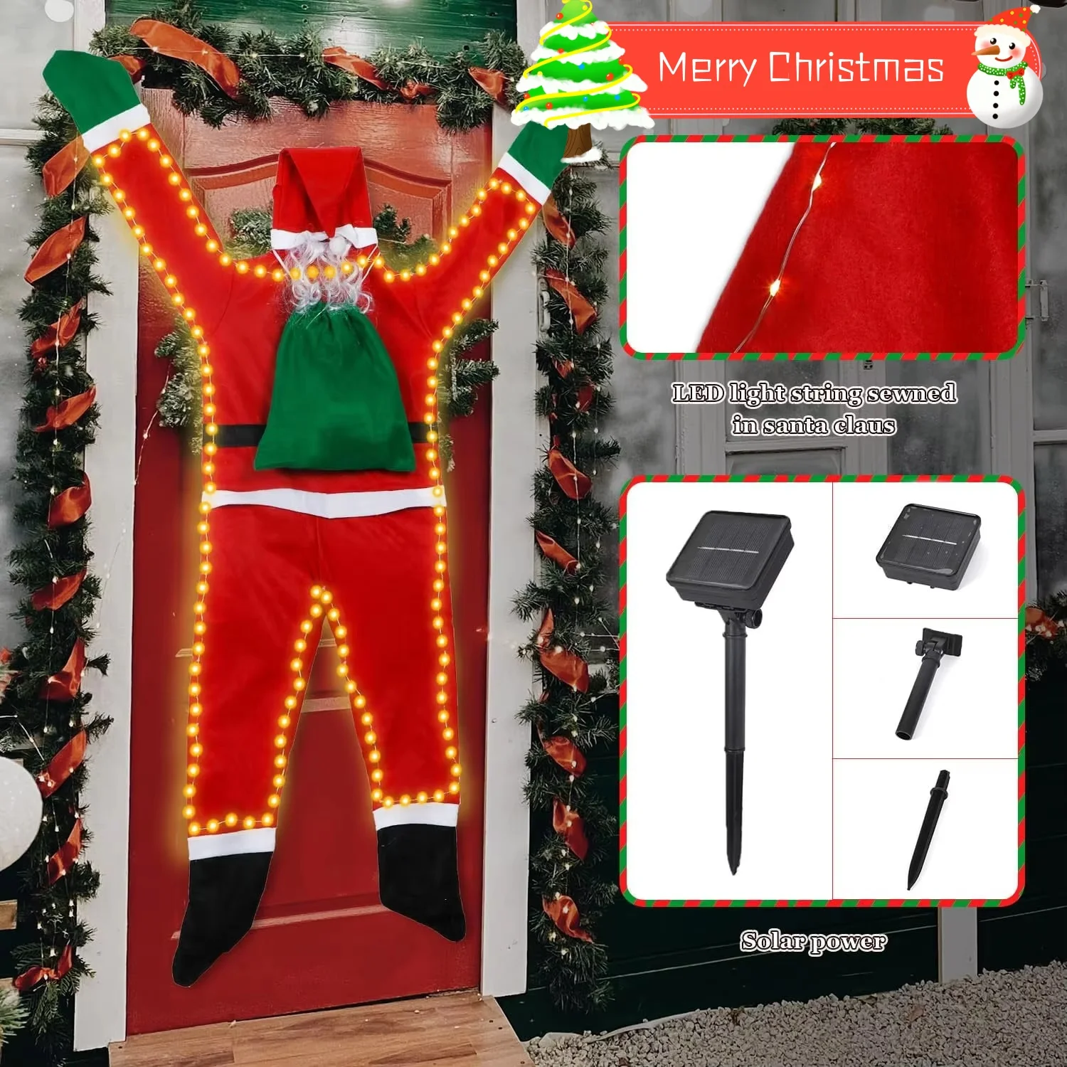 Hanging Santa Claus Outdoor Christmas Decorations Life Size Climbing Santa with Solar Lights for Xmas Window Balcony Roof Decor