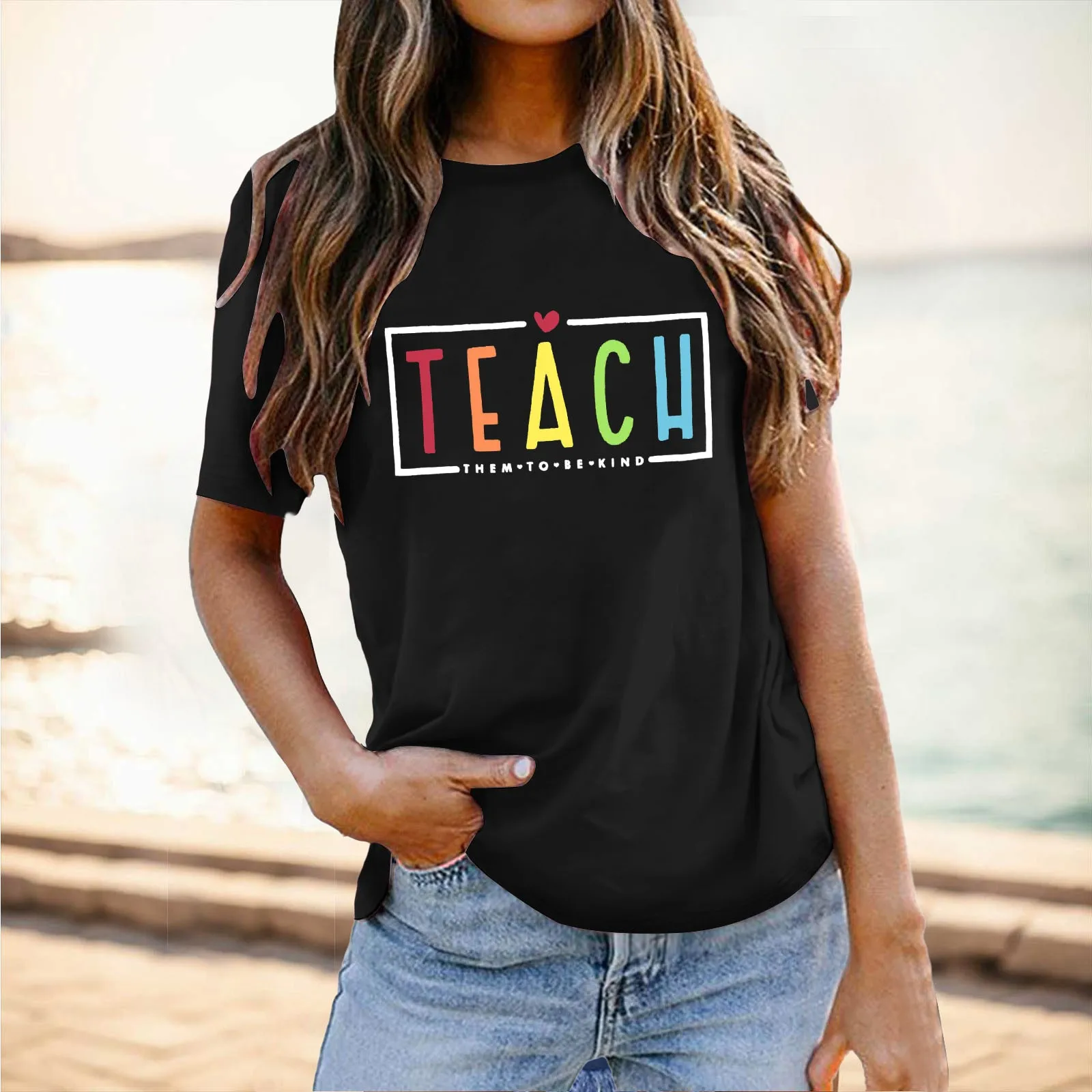 

Women's School Season Teacher's Day Tops Tee Casual Versatile Letter Printed T Shirt Loose Fit Crew Neck Summer Tee Shirt