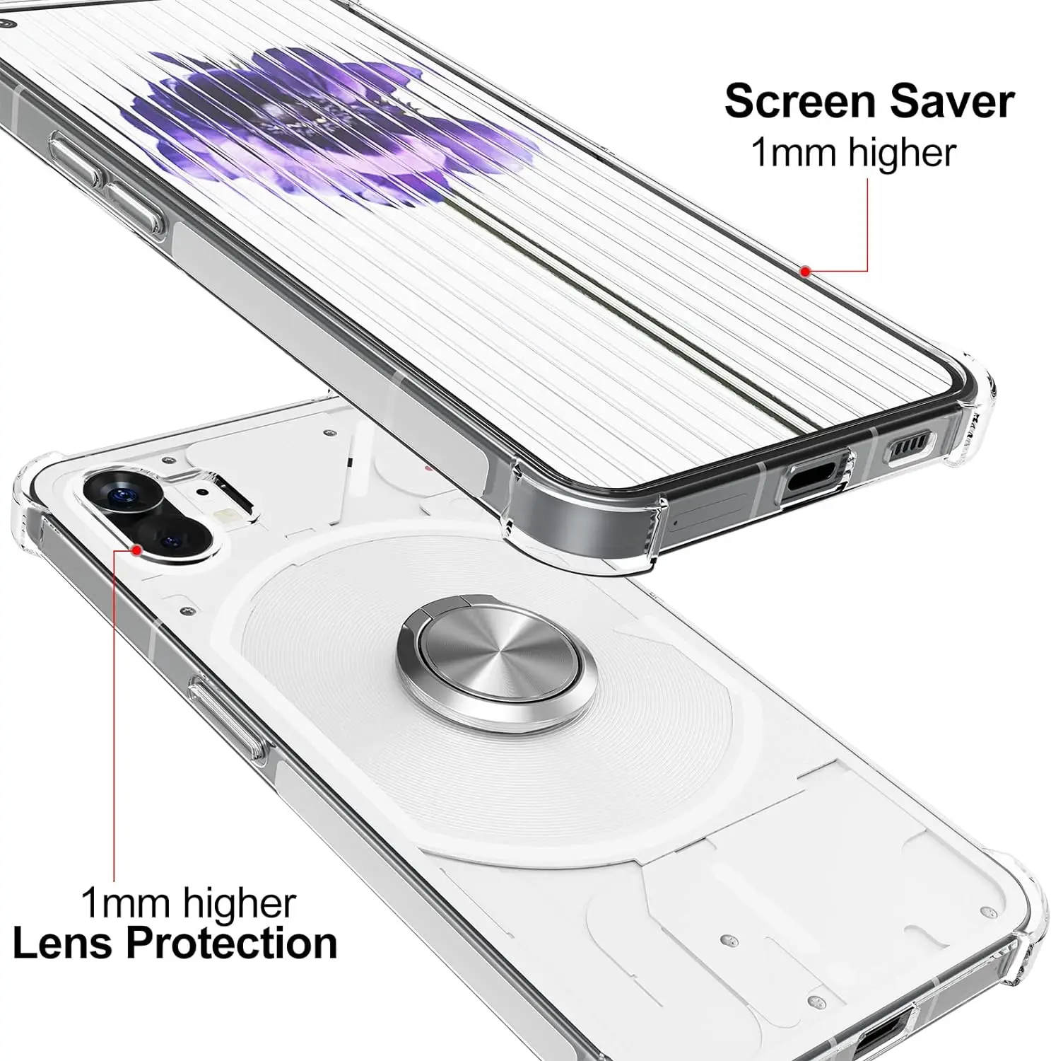 Ring Holder Reinforced Corners Case with 2pcs Tempered Glass Clear Phone Shockproof Cover for Nothing Phone 1 2