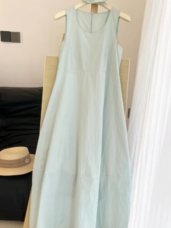 

Mint Green Sleeveless A-Line Long Dress Women's Summer Loose Casual High Waist Zipper round Neck Gown Simple Vacation Style
