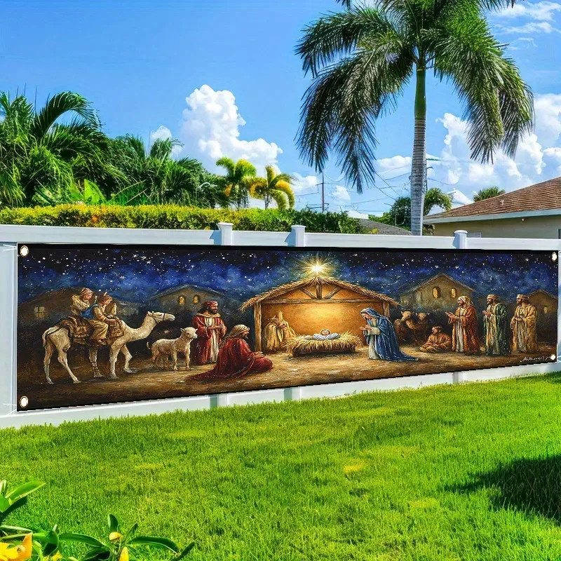 Merry Christmas Nativity Scene Yard Banner Hanging Flag Decor Cover for Outdoor Lawn Wall Porch Fence Party Supplies