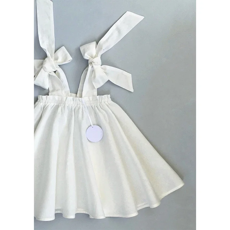 Summer Girl\'s Bow Tie Shoulder Straps 100% Cotton White Dress 2024 New Flower Girl Loose Vacation Party Princess Dresses