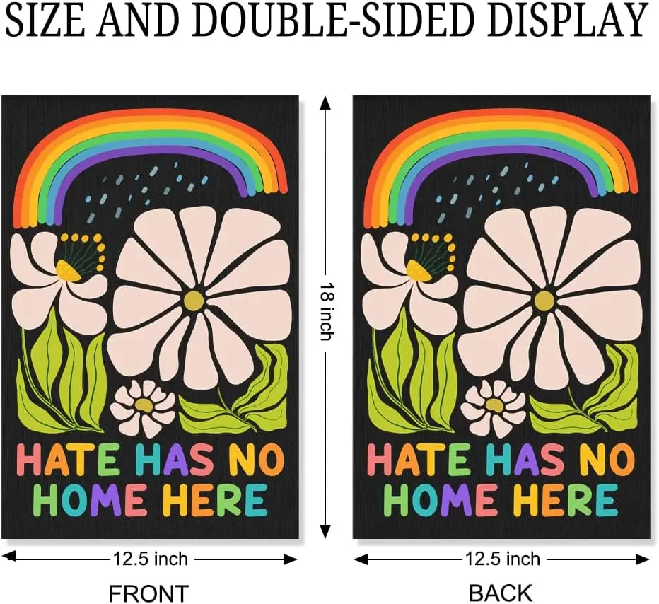Hate Has No Home Here Garden Flag, Funny Retro Floral Yard Flags for Outside, Rainbow LGBTQ Support Pride Month Human Right  SSL