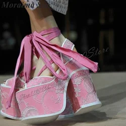Runway Pink Platform Catwalk Sandals Chunky High Heel Shoes For Women Lace Up Peep Toe 2025 Fashionable Zapatos Para Mujere