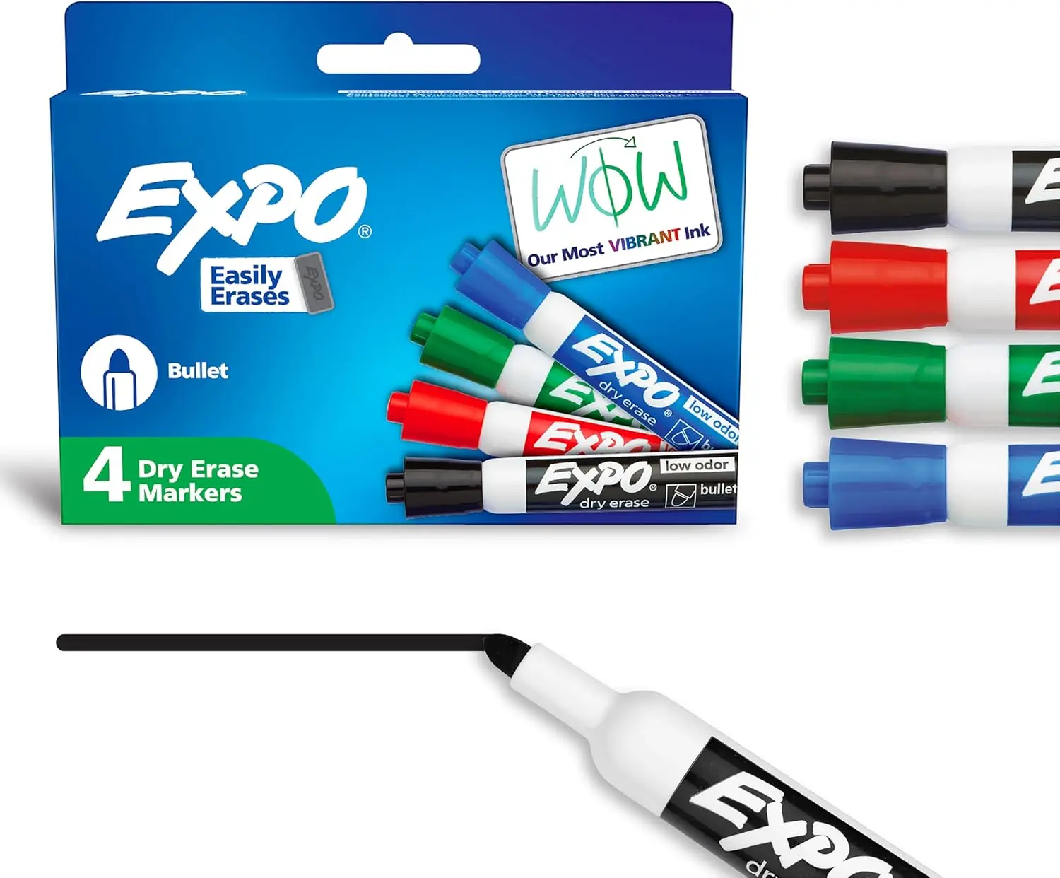 

Low Odor Dry Erase Markers, Bullet Tip, 4 Assorted Colors for Whiteboards