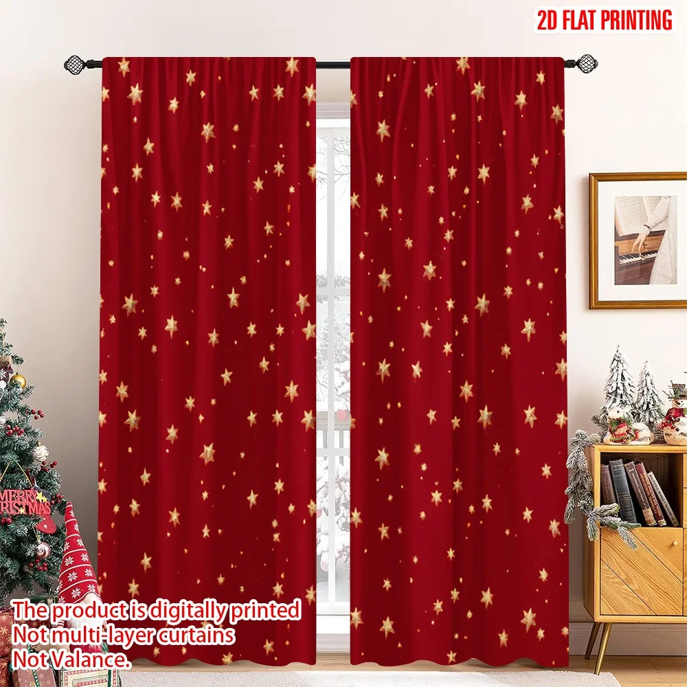 

2pcs 2D flat printing Merry Christmas Curtains Golden Stars Red Polyester Without Electricity Birthday Party for Photo Booth