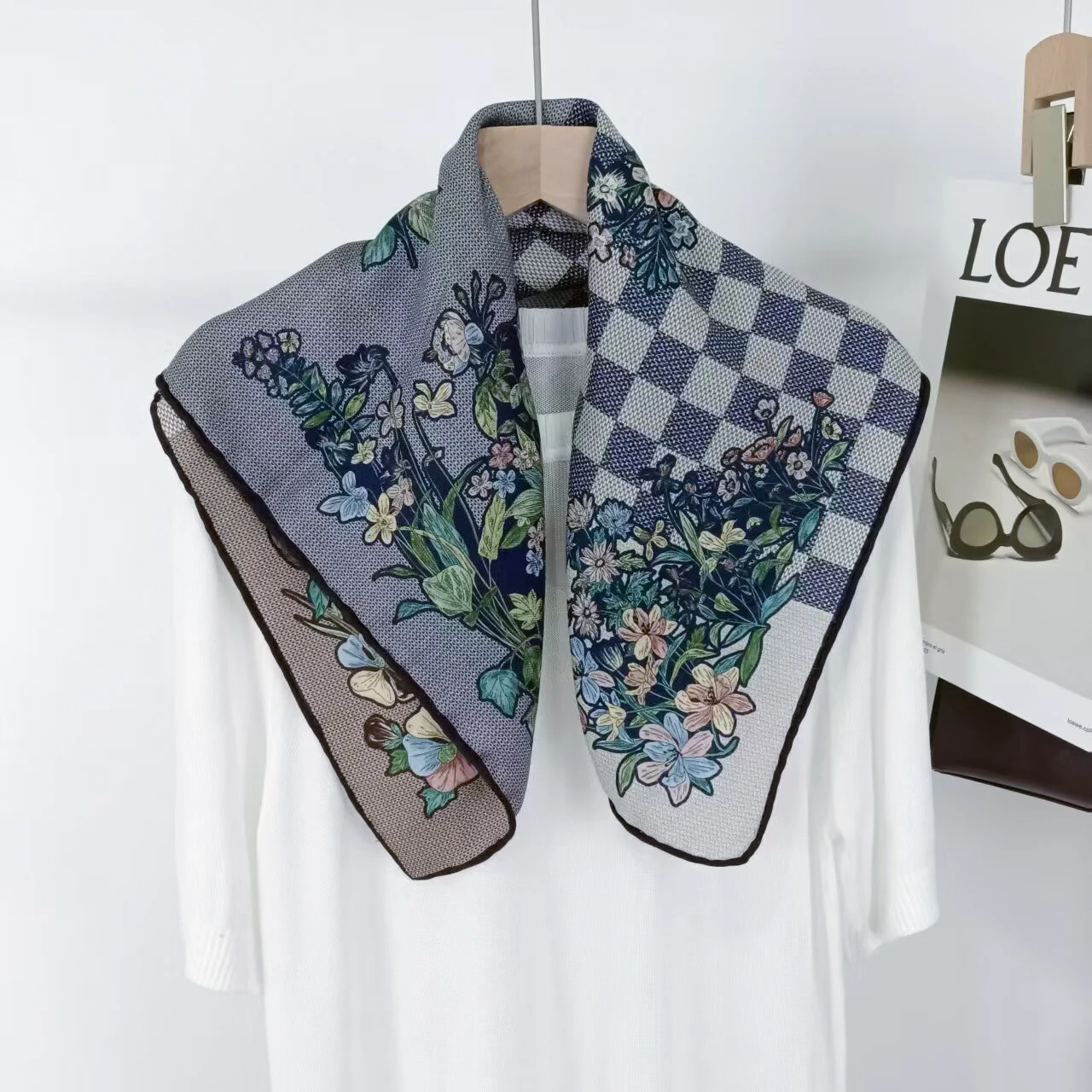 Wool And Mulberry Silk Blend Scarf, Double-sided Checkerboard Floral Print, Women's Luxury Scarf, Headscarf, Shawl, Bag Strap