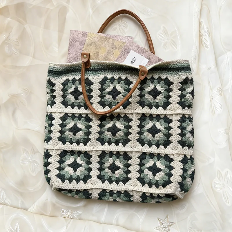Bohemian Granny Square Staw Handbags Casual Paper Woven Bamboo Handle Women Hand Bags Handmade Summe Beach Bag Large Tote Purse