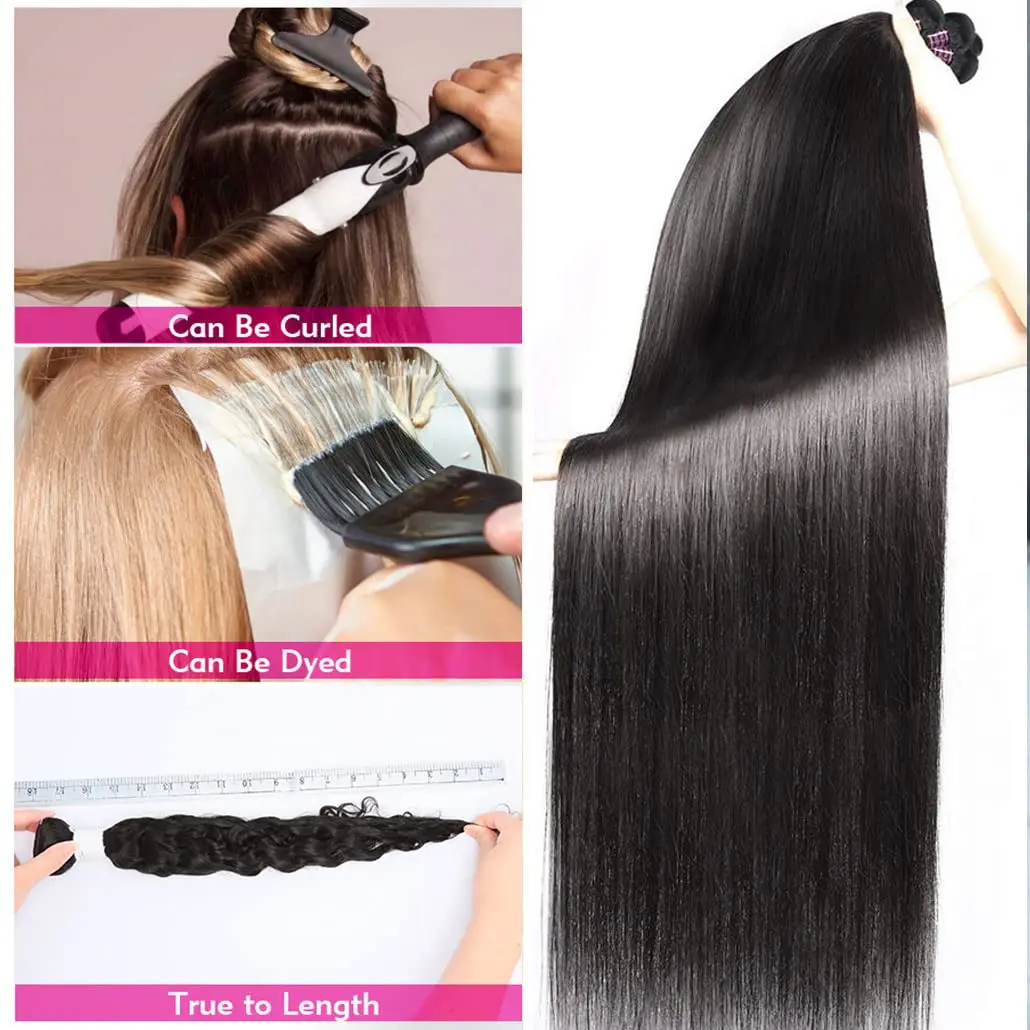 Pacotes brasileiros de cabelo humano reto, 100% não transformados, cabelo humano virgem, cor natural, 3, 4 pacotes, 24 ", 26", 28 ", 100g