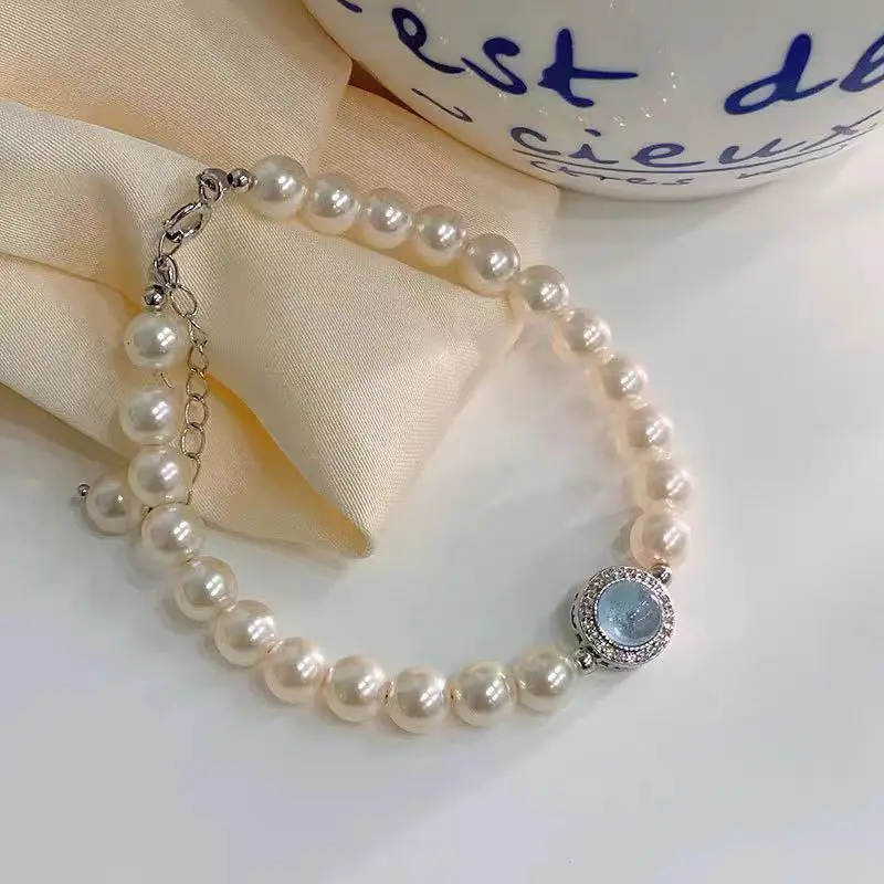 Pulsera de perlas de circón azul de Plata de Ley 925 para mujer, brazalete francés Vintage de lujo, joyería de moda para fiesta, regalos de vacaciones