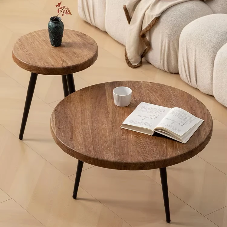 ！@Nordic Style Solid Wood Coffee Table Old Elm Wooden Sidetable Set for Small Apartment Living Room Balcony Middle Ancient Style