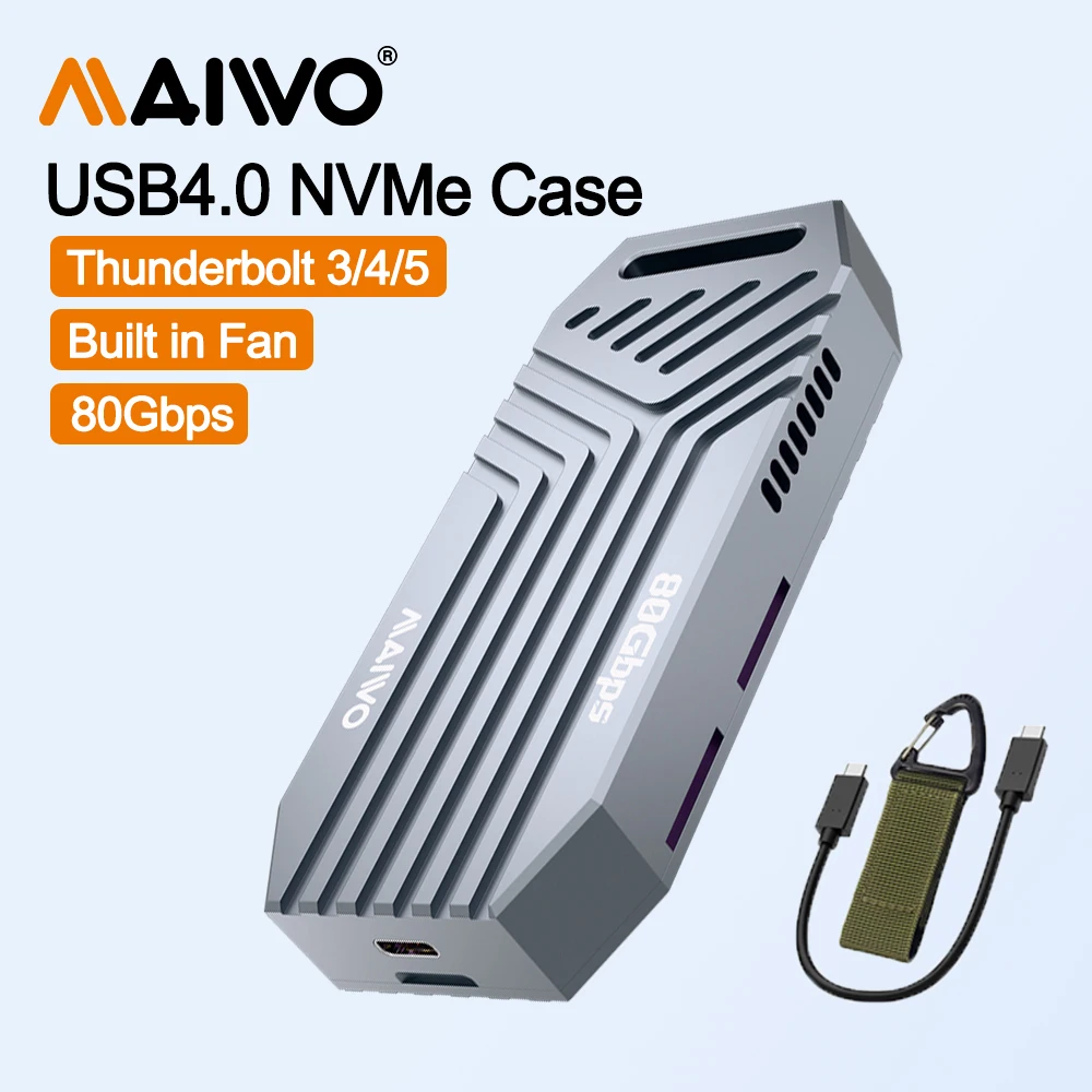 

Корпус SSD MAIWO 80 Гбит/с USB4 M.2 NVMe с охлаждающим вентилятором, совместимый с Thunderbolt5/4/3 USB4 USB3.2/3, поддержка SSD B + M-Key